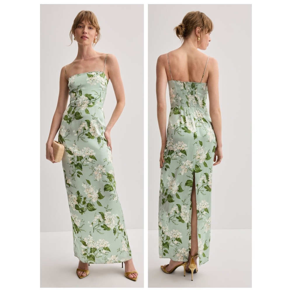 Reformation Women Silk Maxi Dress Frankie Sz 12 Sage Green Floral Wedding Guest